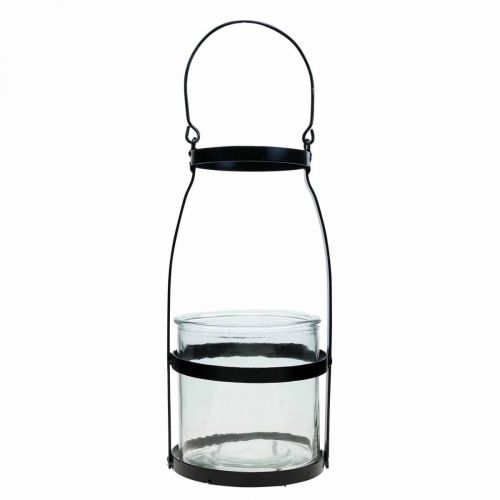 Lantaarn glas met handvat kandelaar zwart H25cm