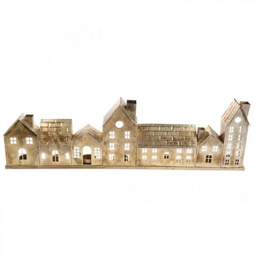 Kerstdiorama, metalen decoratie met verlichting, gouden vuurtorens, vintage look L67.5cm H20cm