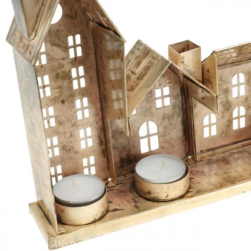 Floristik24 Kerstdiorama, metalen decoratie met verlichting, gouden vuurtorens, vintage look L67.5cm H20cm
