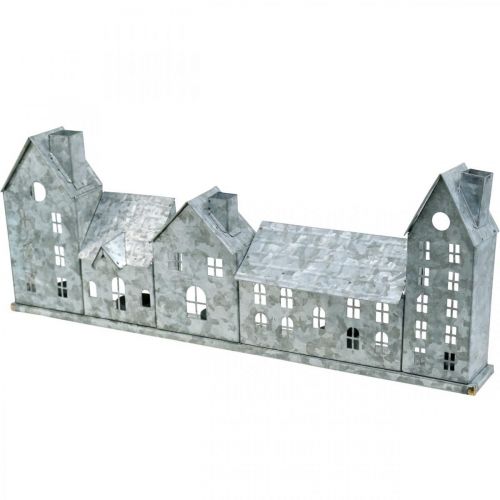 Rij huizen, metalen decoratie voor verlichting, adventsdecoratie, zilveren lantaarn L52cm H20cm | Floristik24.nl