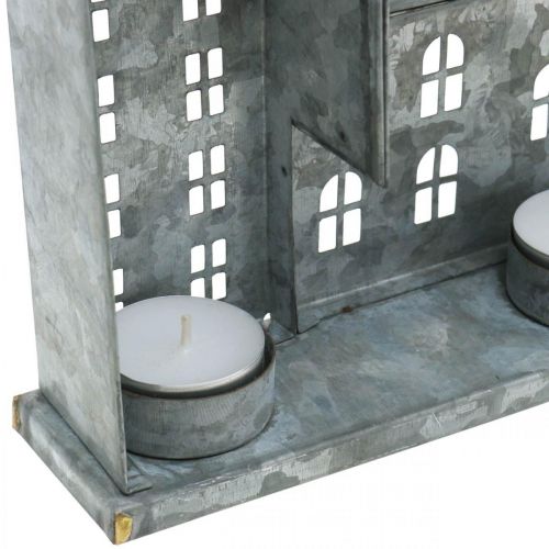 Floristik24 Huizenrij, metalen decoratie voor verlichting, adventsdecoratie, lantaarn zilver L52cm H20cm