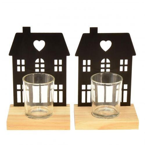 Artikel Lantaarnhuis metaal zwart met houten voet H15cm 2st