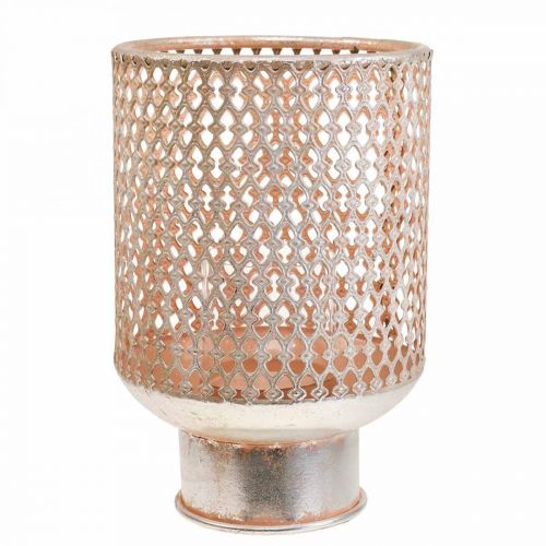 Lantaarn metalen kandelaar glas zilver roze Ø18cm H27cm