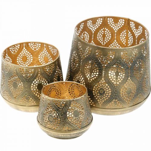 Oosterse lantaarnset, metalen lantaarn, gouden kaarsdecoratie, rustiek Ø25/19/14cm H23.5/17/12.5cm
