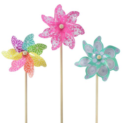 Floristik24 Pinwheel roze turquoise kleurrijk Ø15cm H48cm zomerdecoratie 3st