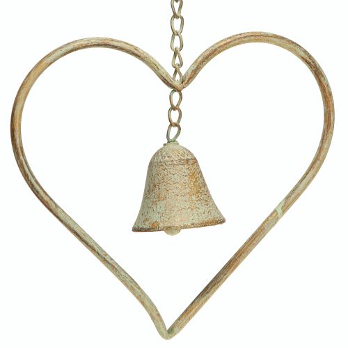 Windgong metaal hart met bel antiek groen goud roest 46cm