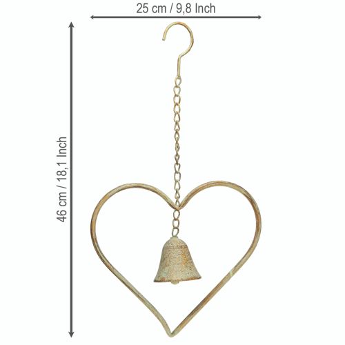 Artikel Windgong metaal hart met bel antiek groen goud roest 46cm