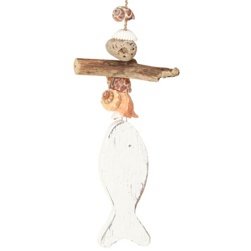 Artikel Windgong zeilschip decoratie vis hout wit natuurlijk H56cm