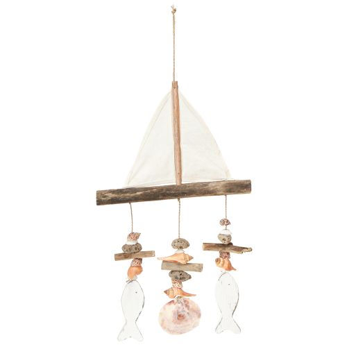 Artikel Windgong zeilschip decoratie vis hout wit natuurlijk H56cm