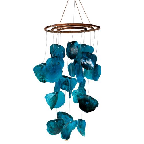 Windgong maritieme hangdecoratie Capiz schelpen blauw 90cm