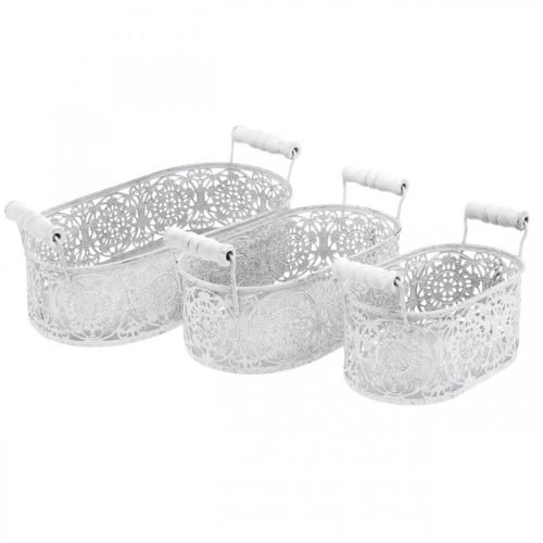 Floristik24 Kommen om te planten, decoratieve pot met kanten decor, metalen vat met handvatten, ovaal wit, zilver Shabby Chic L25.5 / 20 / 15cm H7cm set van 3