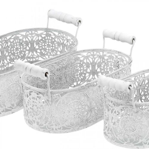 Artikel Kommen om te planten, decoratieve pot met kanten decor, metalen vat met handvatten, ovaal wit, zilver Shabby Chic L25.5 / 20 / 15cm H7cm set van 3