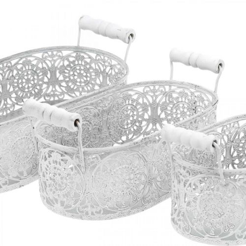 Floristik24 Kommen om te planten, decoratieve pot met kanten decor, metalen vat met handvatten, ovaal wit, zilver Shabby Chic L25.5 / 20 / 15cm H7cm set van 3