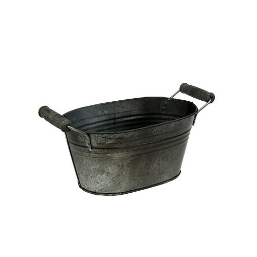 Floristik24 Zinkkom ovaal antiek met houten handvatten 18cm x 10cm