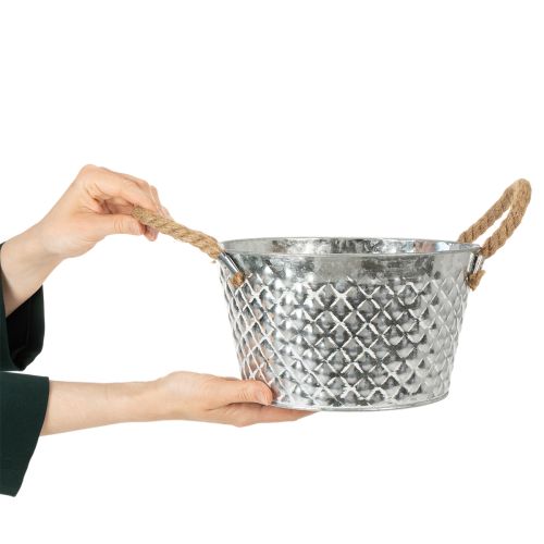 Ronde zinken kom met touwgrepen Ø25cm H14cm | Floristik24.nl