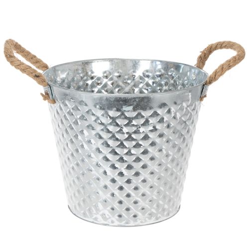 Artikel Zinken pot, ruitvormig, met touwgrepen, witgekalkt, Ø24,5 cm H21 cm