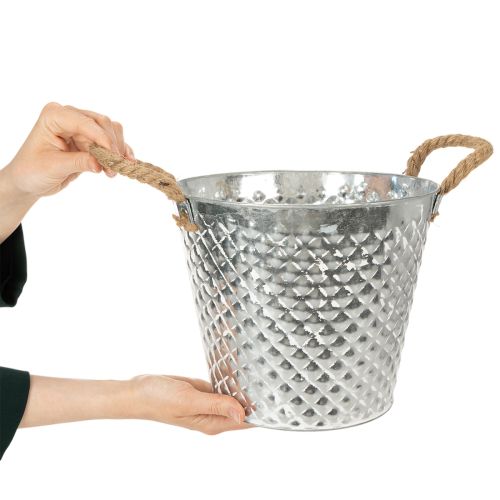 Zinken pot, ruitvormig, met touwgrepen, witgekalkt, Ø24,5 cm H21 cm | Floristik24.nl