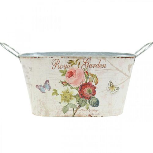 Floristik24 Zink pot, metalen vat met handvatten, plantenbak pioenrozen L21cm H11cm