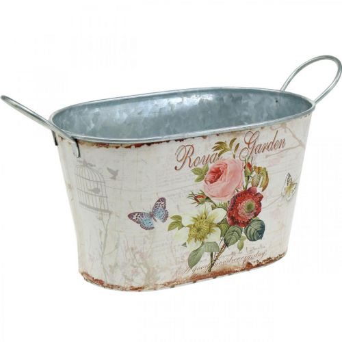 Artikel Vintage bloembak, metalen pot met handvatten, plantenbak met rozen L18cm H10.5cm