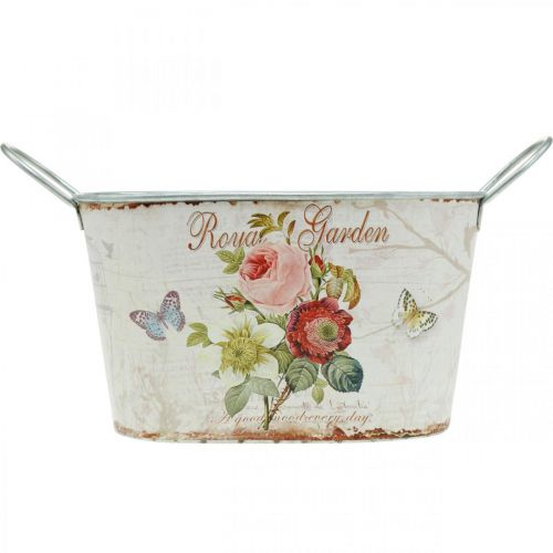 Floristik24 Vintage bloembak, metalen pot met handvatten, plantenbak met rozen L18cm H10.5cm