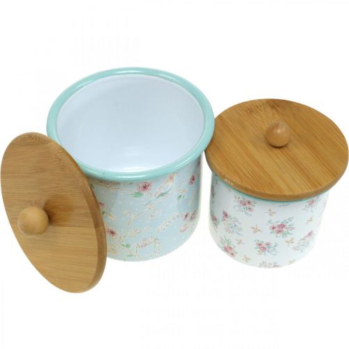 Artikel Emaille doos met deksel hout bloemenpatroon H10/12cm set van 2
