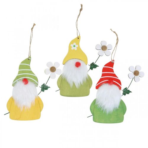 Artikel Lentedecoratie kabouter om houten dwerg met bloem op te hangen H17cm 6 st