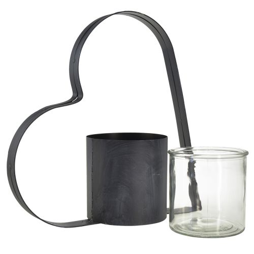 Artikel Antiek grijze metalen houder met hartvorm en glazen houder - 30 cm decoratie voor een romantische sfeer 2 stuks