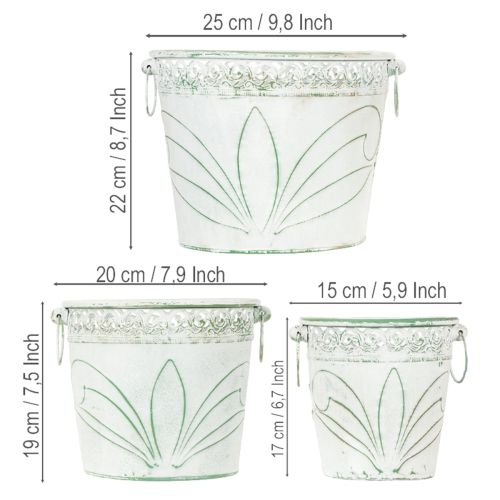 Artikel Bloempot van reliëfmetaal met handvatten, wit en groen, shabby chic stijl, H22/19,5/17,5 cm, Ø25,5/20,5/15,5 cm, set van 3