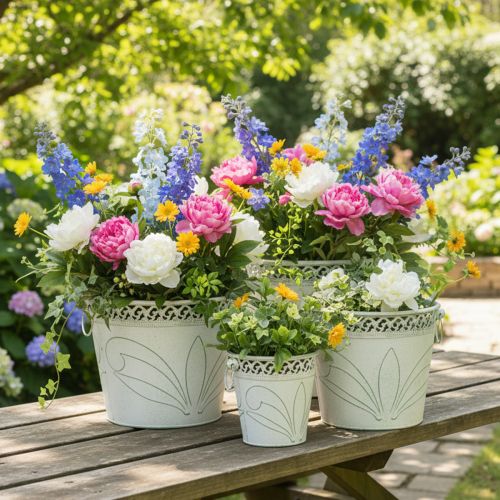 Bloempot van reliëfmetaal met handvatten, wit en groen, shabby chic stijl, H22/19,5/17,5 cm, Ø25,5/20,5/15,5 cm, set van 3 | Floristik24.nl