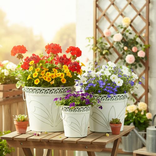 Bloempot van reliëfmetaal met handvatten, wit en groen, shabby chic stijl, H22/19,5/17,5 cm, Ø25,5/20,5/15,5 cm, set van 3 | Floristik24.nl