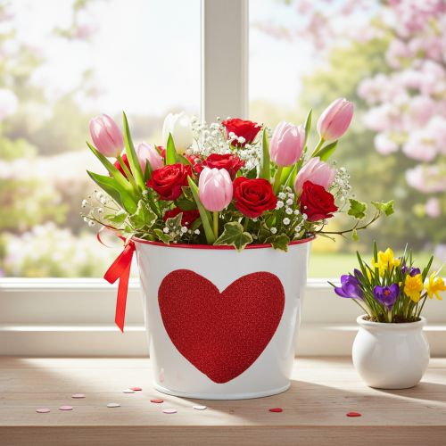 Witte bloempot met rood hart, plantenbak, Ø13cm H10,5cm | Floristik24.nl