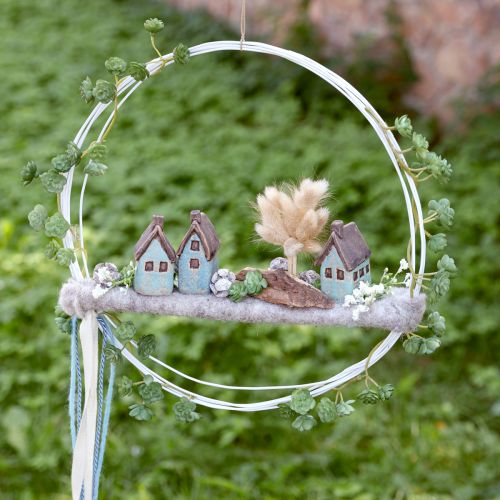 Decoratief huis keramiek blauw bruin vintage H6,5/7cm 6 stuks