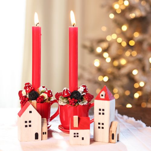 Decoratieve houten huisjesset, rood en wit, meerdelige winterdecoratie, 13 cm, 6 stuks | Floristik24.nl