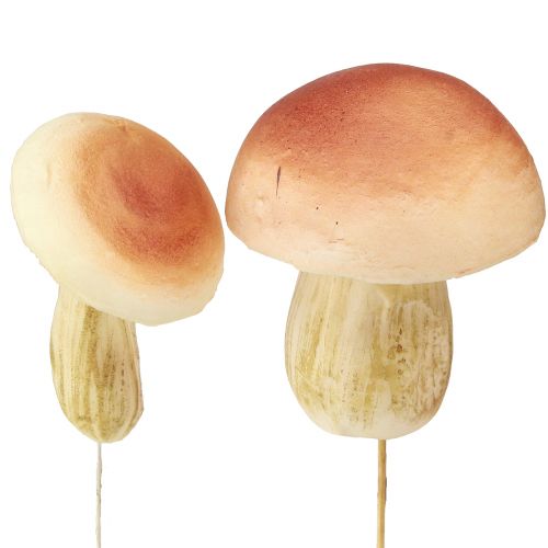 Artikel Decoratieve paddestoelen op stokjes klein en groot bruin H10/11,5cm 8 stuks