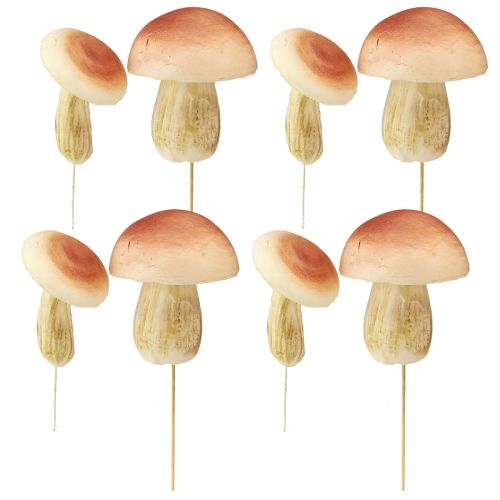 Artikel Decoratieve paddestoelen op stokjes klein en groot bruin H10/11,5cm 8 stuks