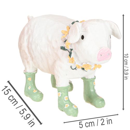 Decoratief varkentje met rubberlaarzen – Grappig boerderijfiguurtje met bloemenkrans 15,5 cm | Floristik24.nl