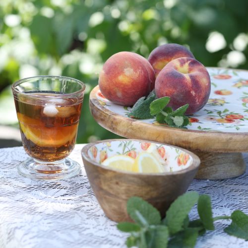 Decoratief bord met voet mangohout perzikmotief Ø26cm H9,5cm