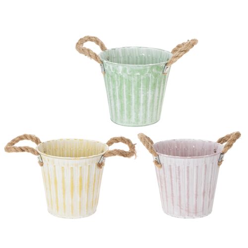 Floristik24 Decoratieve pot, metalen emmer voor planten, plantenbak met handvatten, roze/groen/geel shabby chic Ø15cm H13cm 3-delige set