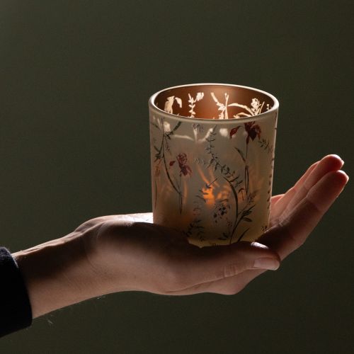 Artikel Decoratieve glazen lantaarn met bloemenmotief voor een sfeervolle inrichting, 8 cm, 4 stuks.