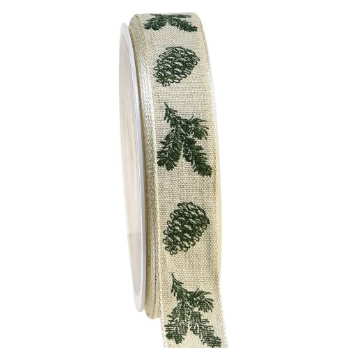 Artikel Decoratief lint met draadrand kegels crèmegroen B25mm L18m