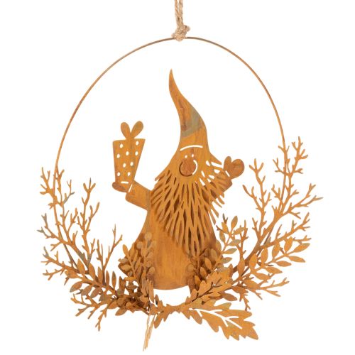 Kerstdecoratie ring, rendier in een ring, Kerstman met cadeau, metalen decoratie, roestige afwerking, Ø18cm, set van 2 | Floristik24.nl