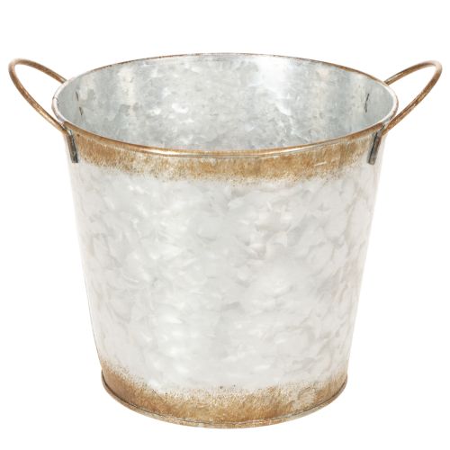 Artikel Decoratieve pot met handvatten, plantenemmer, metalen container, zilverkleurig, verweerd staal, Ø17cm H16,5cm
