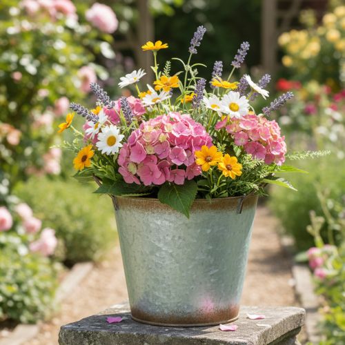 Artikel Decoratieve pot met handvatten, plantenemmer, metalen container, zilverkleurig, verweerd staal, Ø17cm H16,5cm