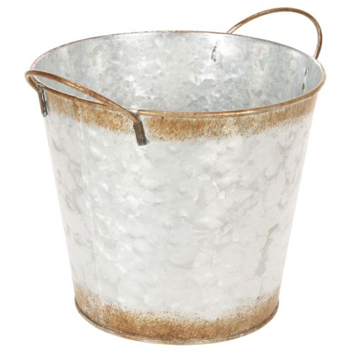 Floristik24 Decoratieve pot met handvatten, plantenemmer, metalen container, zilverkleurig, verweerd staal, Ø17cm H16,5cm