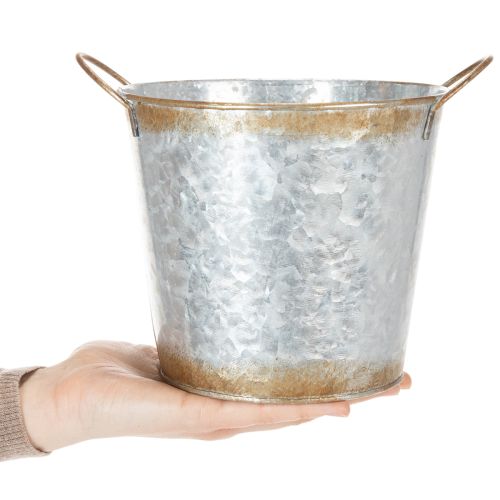 Artikel Decoratieve pot met handvatten, plantenemmer, metalen container, zilverkleurig, verweerd staal, Ø17cm H16,5cm