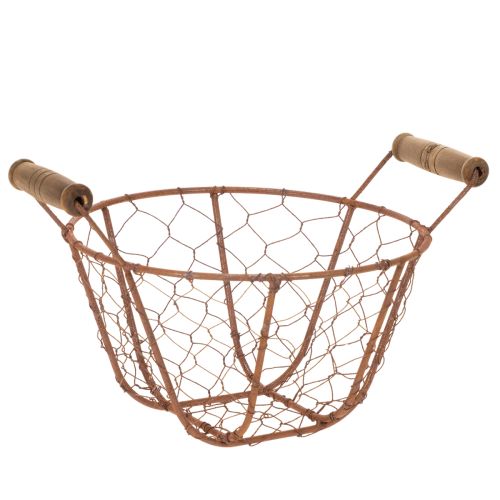 Draadmand, metalen mand met handvat, hout, roest, decoratief, Ø18cm