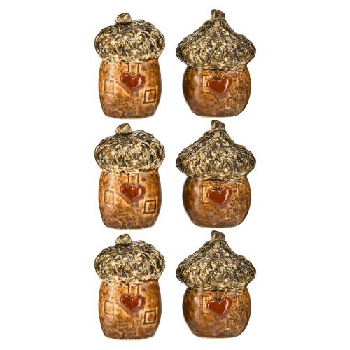 Artikel Keramieken eikelhuisje decoratieve eikels met hartmotief bruin 6cm - herfst tafeldecoratie - 6 st
