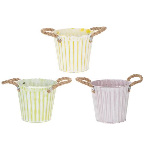 Floristik24 Emmer voor planten, plantenbak met handvatten, metalen decoratie roze/groen/geel shabby chic Ø16,5cm H15cm 3-delige set