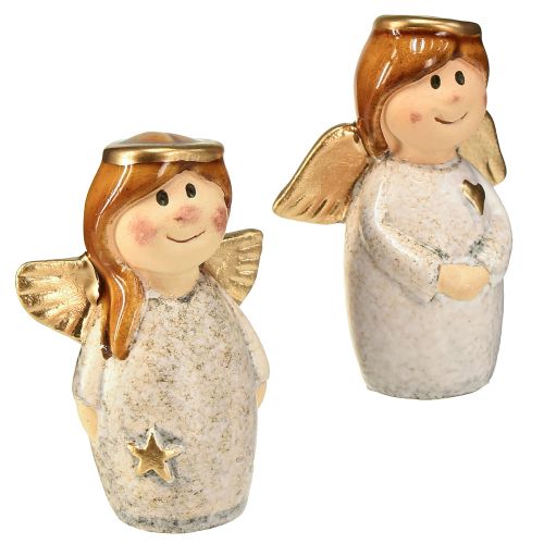 Artikel Charmant engelenduo van keramiek in crèmewit met gouden accenten - 8,6 cm - Hemelse decoratieve figuren - 2 stuks