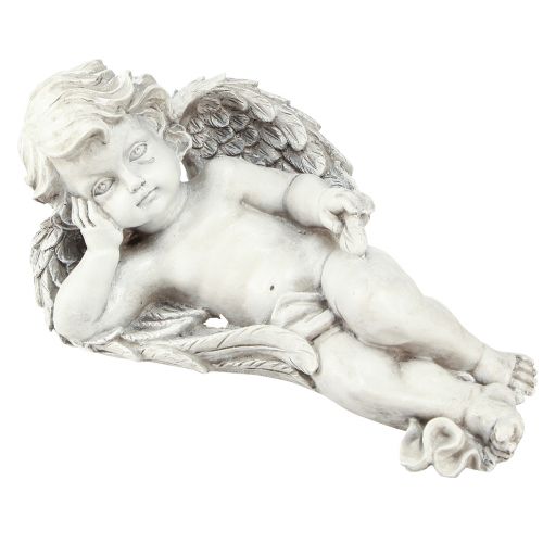 Artikel Engel liggende grafdecoratie polyresin grijs wit 31×16cm